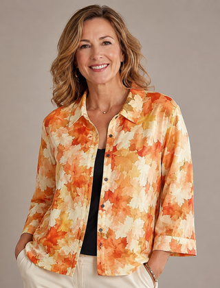 Watercolour leaf print blouse, orange and cream, button-front with short sleeves