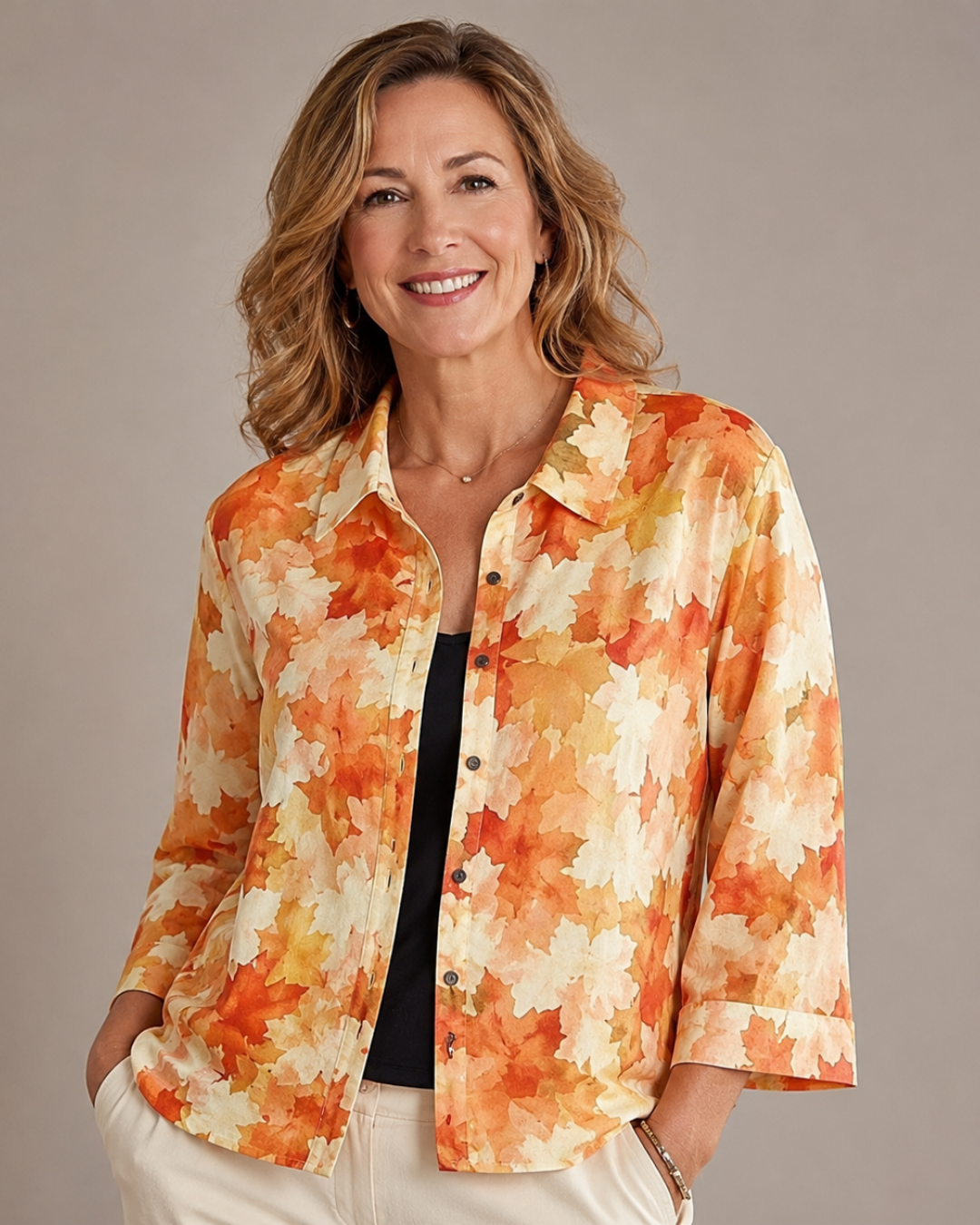 Watercolour leaf print blouse, orange and cream, button-front with short sleeves