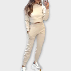 Beige casual tracksuit set with cropped sweatshirt and matching jogger pants