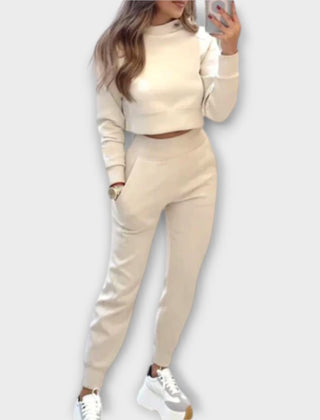 Beige casual tracksuit set with cropped sweatshirt and matching jogger pants