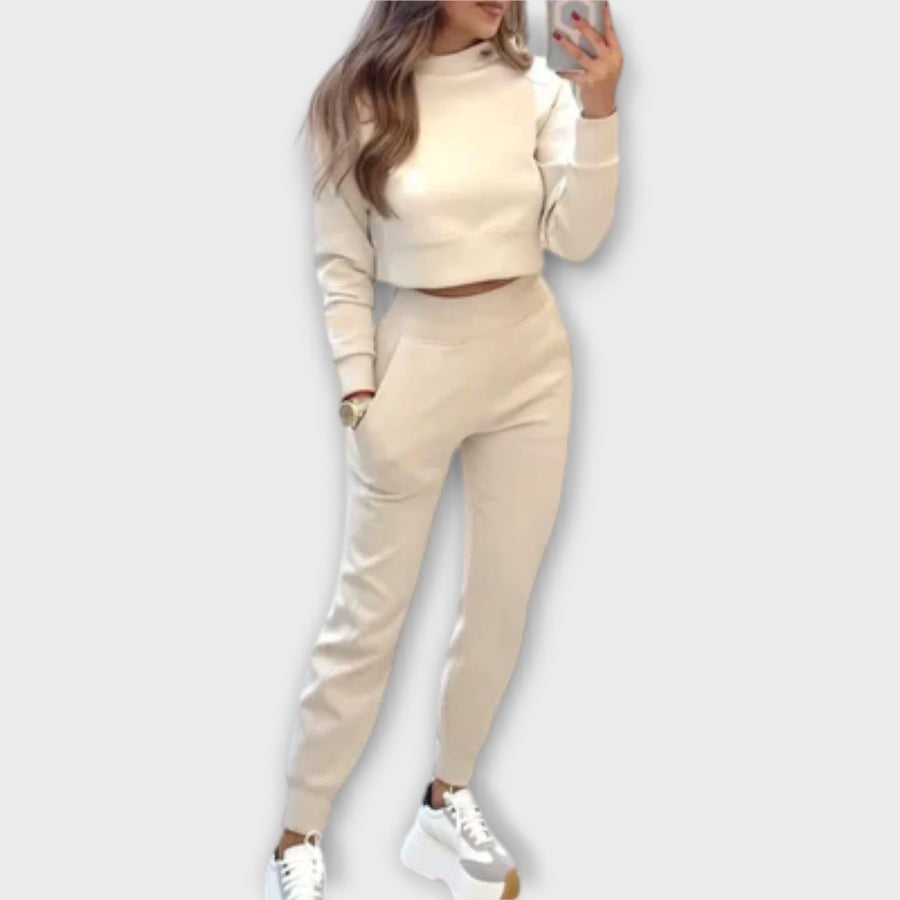 Beige casual tracksuit set with cropped sweatshirt and matching jogger pants