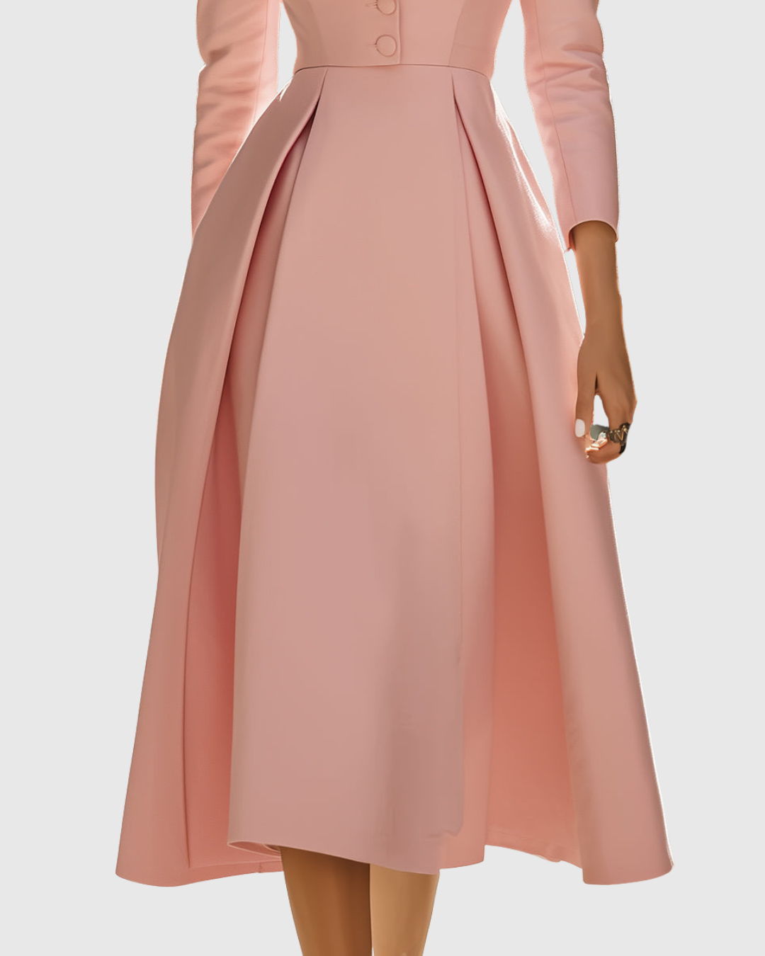 Blazer-style pleated midi dress close-up, blush pink, buttoned waist and structured seams