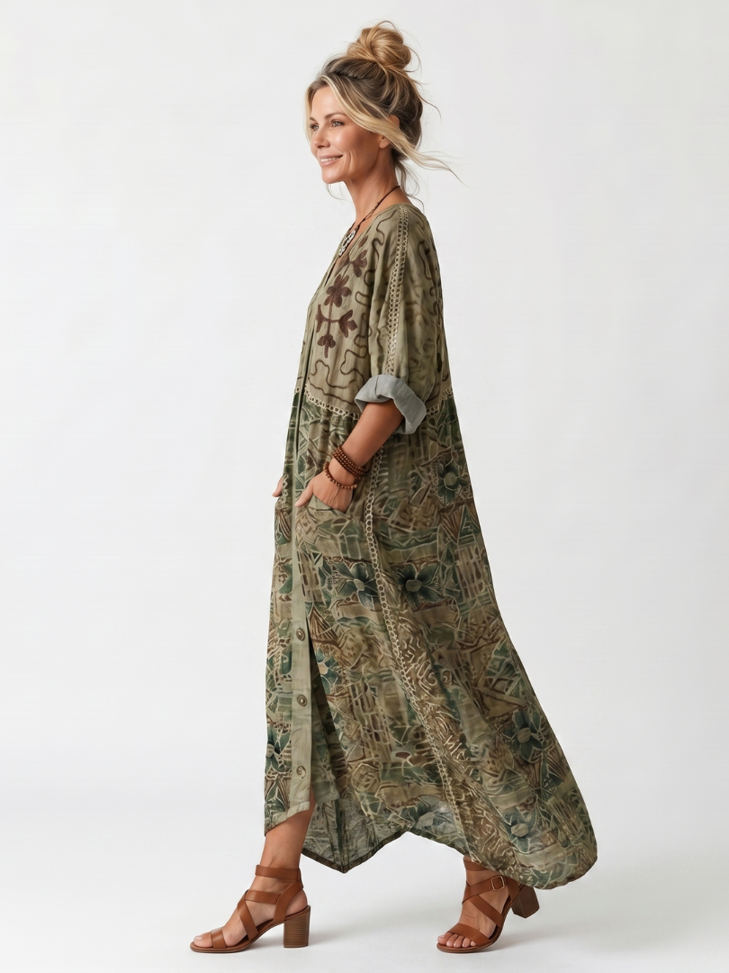 Green button-front embroidered midi dress with oversized pockets and short sleeves
