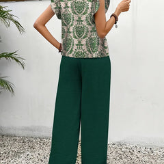 Dark green paisley blouse and wide-leg pants set, back view