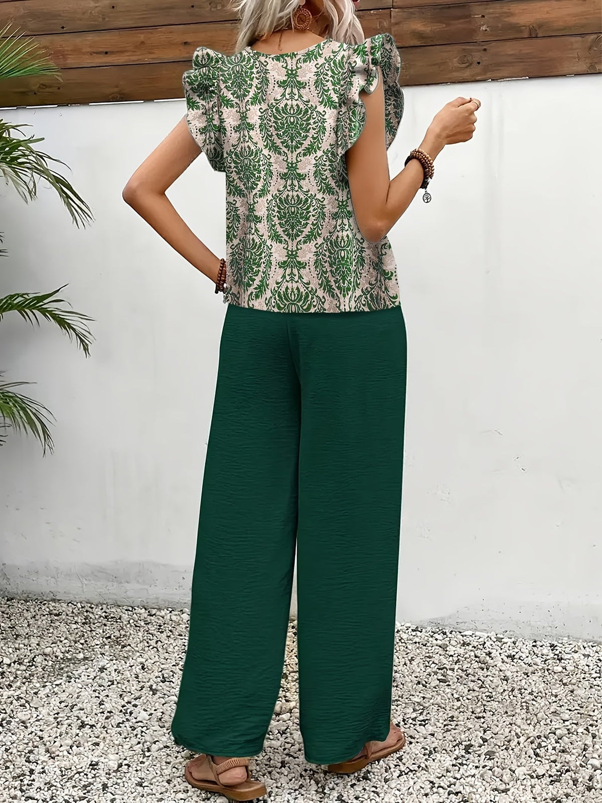 Dark green paisley blouse and wide-leg pants set, back view