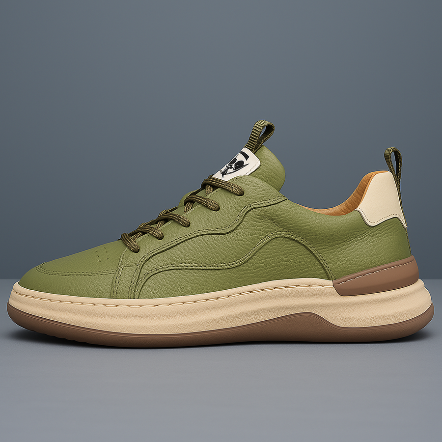 Green leather low-top sneaker, side view, with lace-up and off-white midsole
