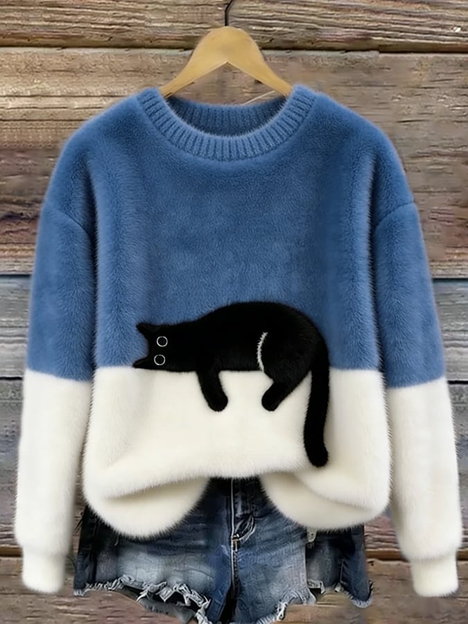 Light blue and white cat print sweatshirt with long sleeves and crew neck
