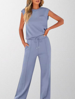 Light blue sleeveless lounge co-ord set with pocket top and drawstring wide-leg pants
