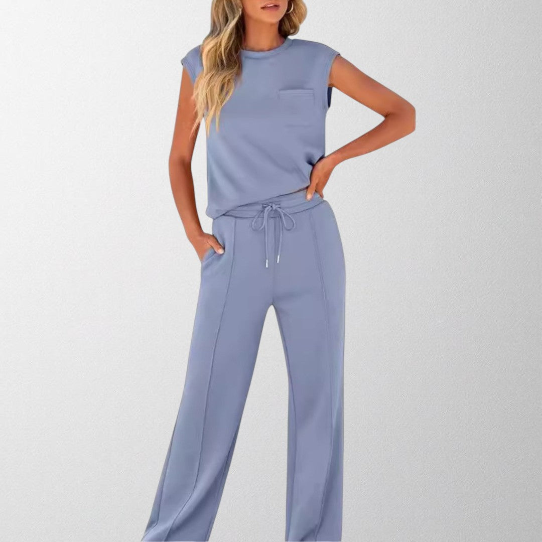 Light blue sleeveless lounge co-ord set with pocket top and drawstring wide-leg pants