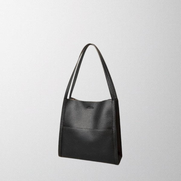 Black vegan leather shoulder bag with top handles and clean, structured front