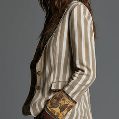 Khaki and cream striped blazer with gold buttons, side profile