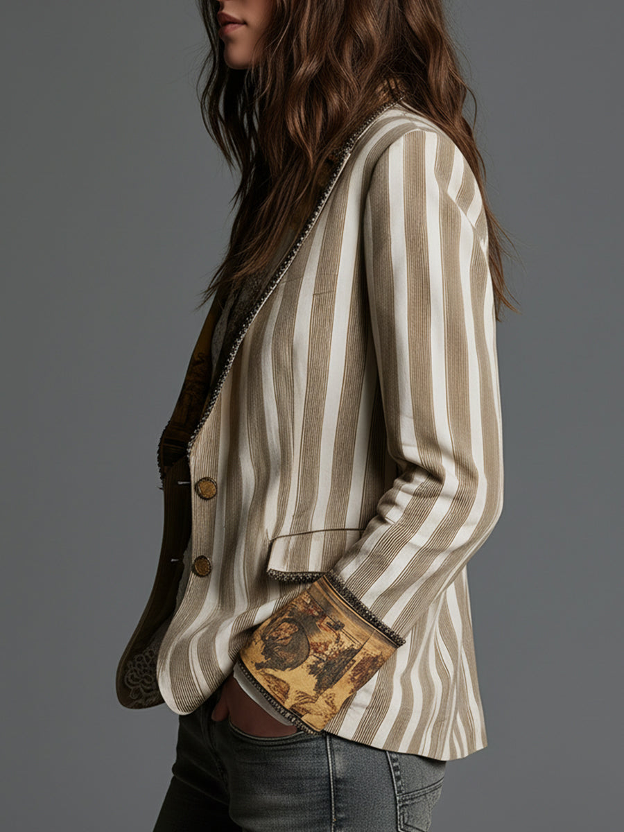 Khaki and cream striped blazer with gold buttons, side profile