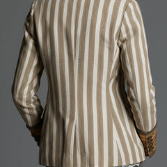 Khaki striped blazer back view with long sleeves and curved hem