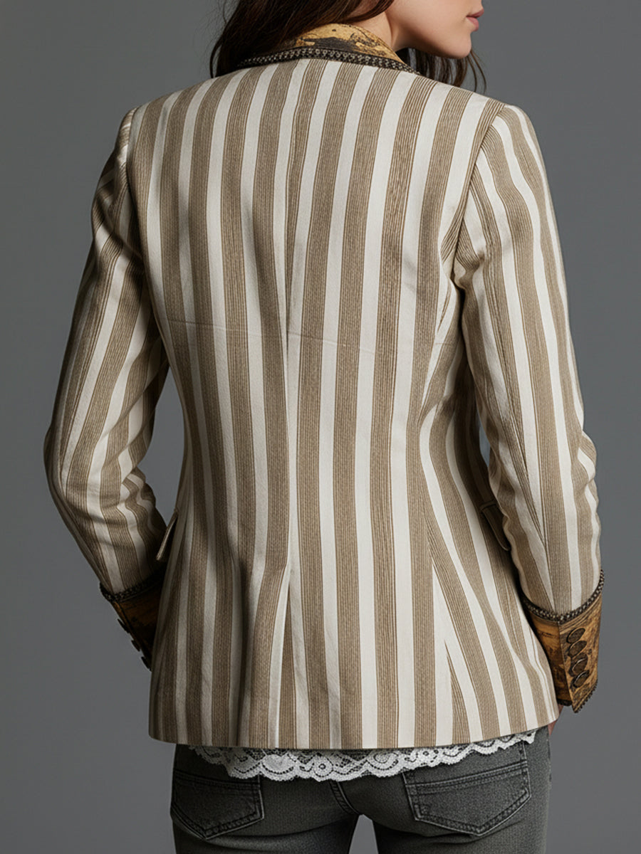 Khaki striped blazer back view with long sleeves and curved hem