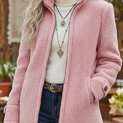 Pink full-zip stand-collar lambswool-feel jacket with zip-front and side pockets