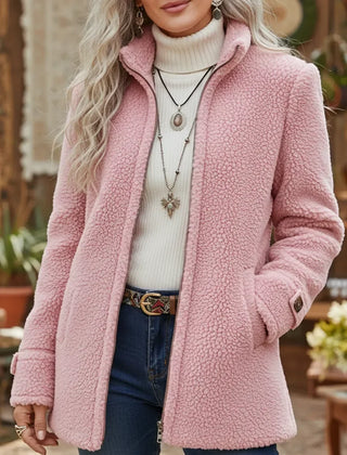 Pink full-zip stand-collar lambswool-feel jacket with zip-front and side pockets