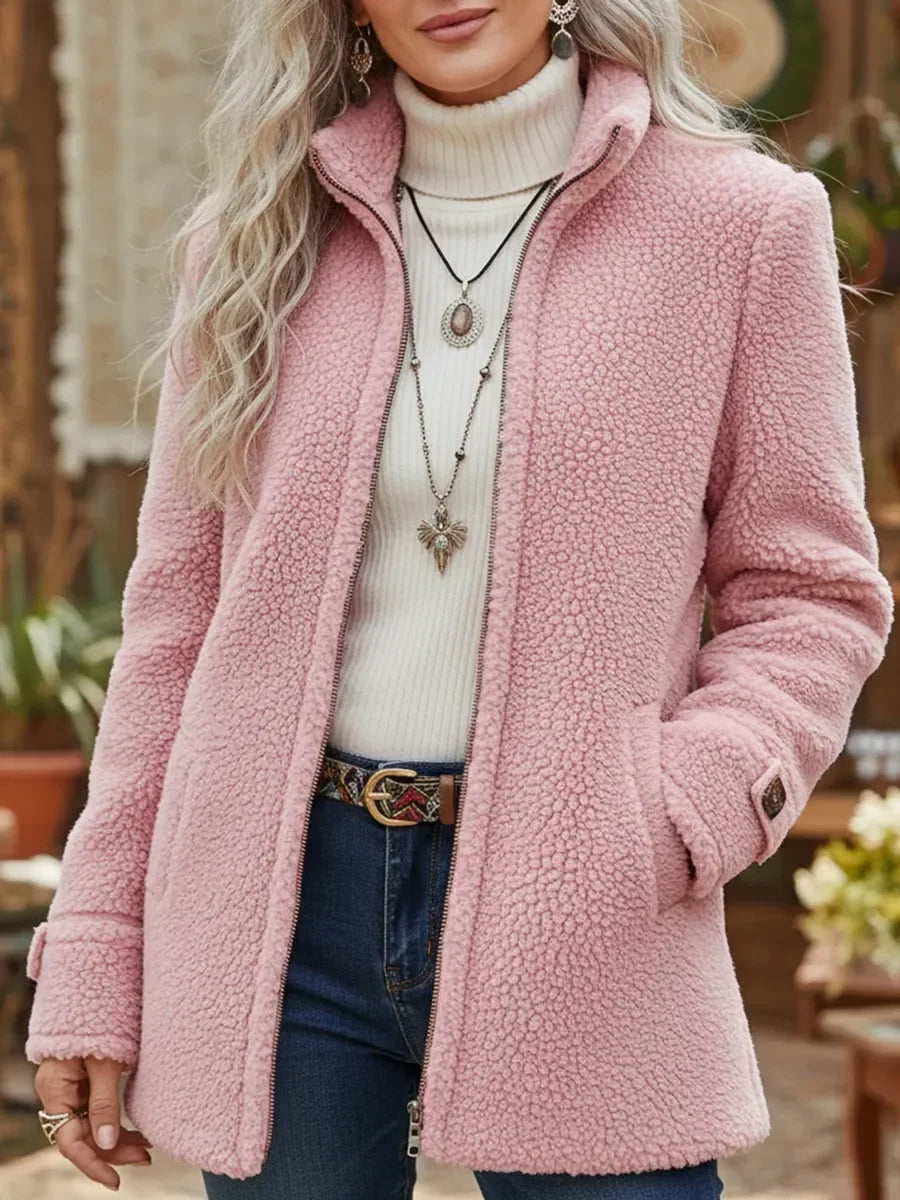 Pink full-zip stand-collar lambswool-feel jacket with zip-front and side pockets