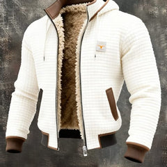 White quilted fleece lined zip-front jacket with tan sherpa lining and brown pocket trim