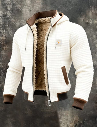 White quilted fleece lined zip-front jacket with tan sherpa lining and brown pocket trim