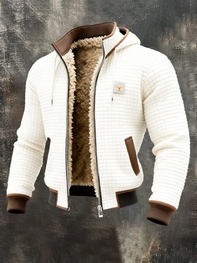 White quilted fleece lined zip-front jacket with tan sherpa lining and brown pocket trim