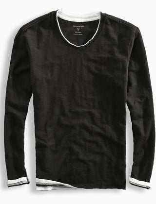 Black cotton shirt with V-neck and long sleeves, ribbed cuffs