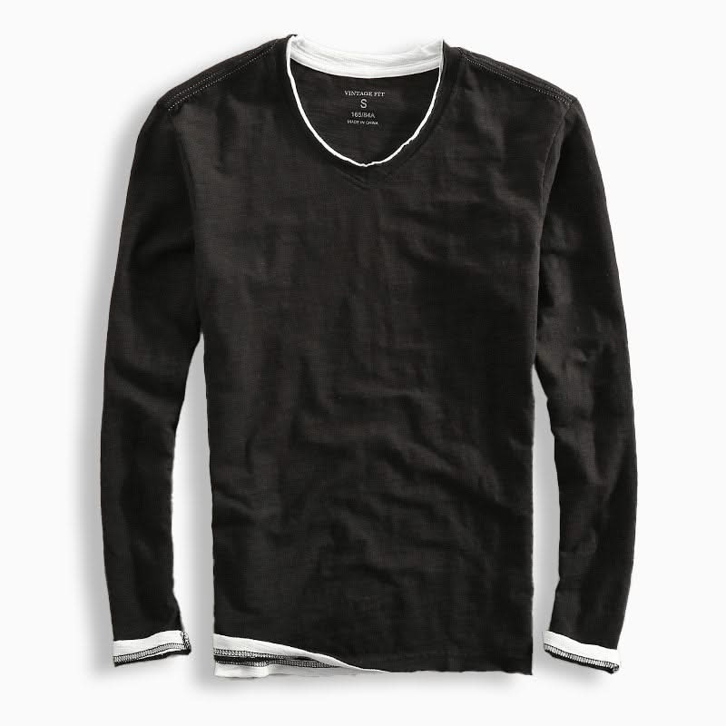 Black cotton shirt with V-neck and long sleeves, ribbed cuffs