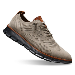 Grey/beige knit lace-up walker shoes with brown laces, brown collar trim, black tread sole
