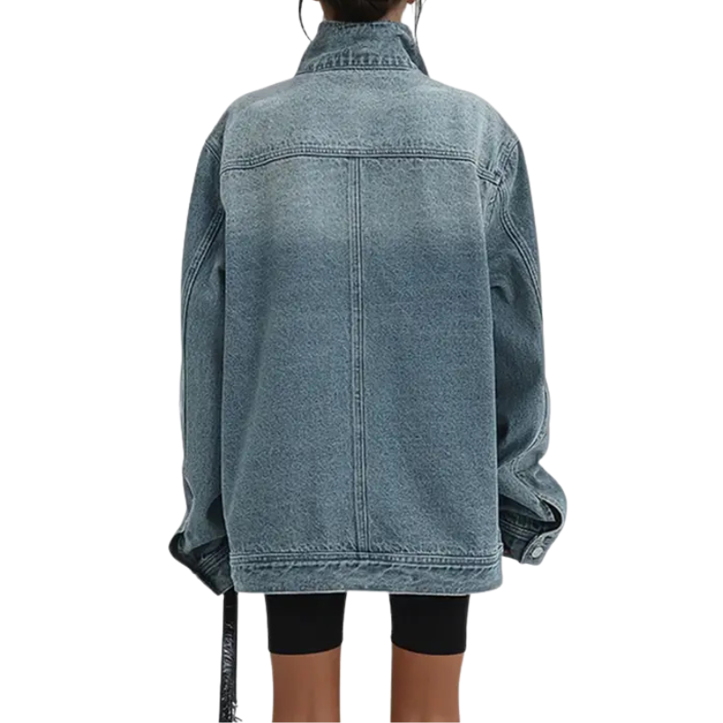 Blue denim jacket back view with yoke seam and long sleeves