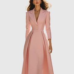 Blazer-style pleated midi dress in blush pink with notched lapels and fitted bodice
