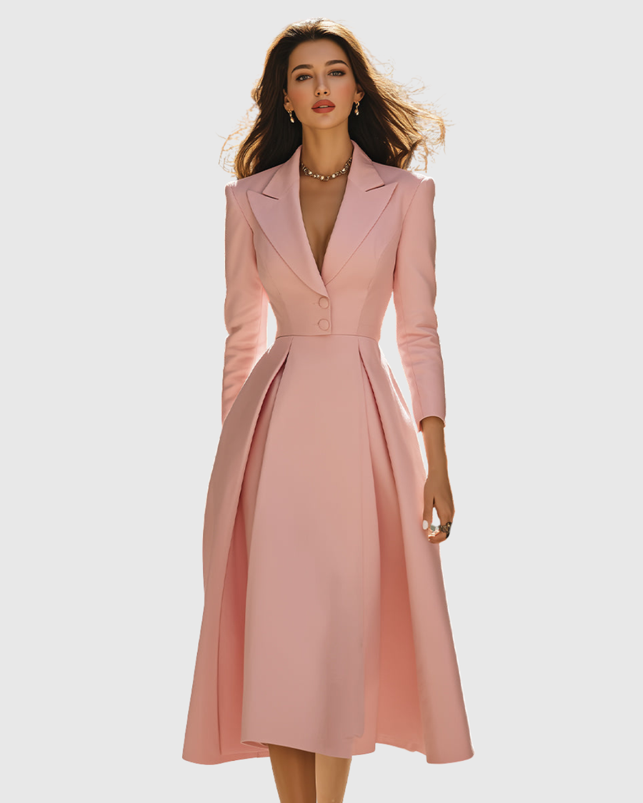 Blazer-style pleated midi dress in blush pink with notched lapels and fitted bodice