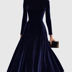 Navy long-sleeve midi dress with fitted bodice and flared pleated skirt