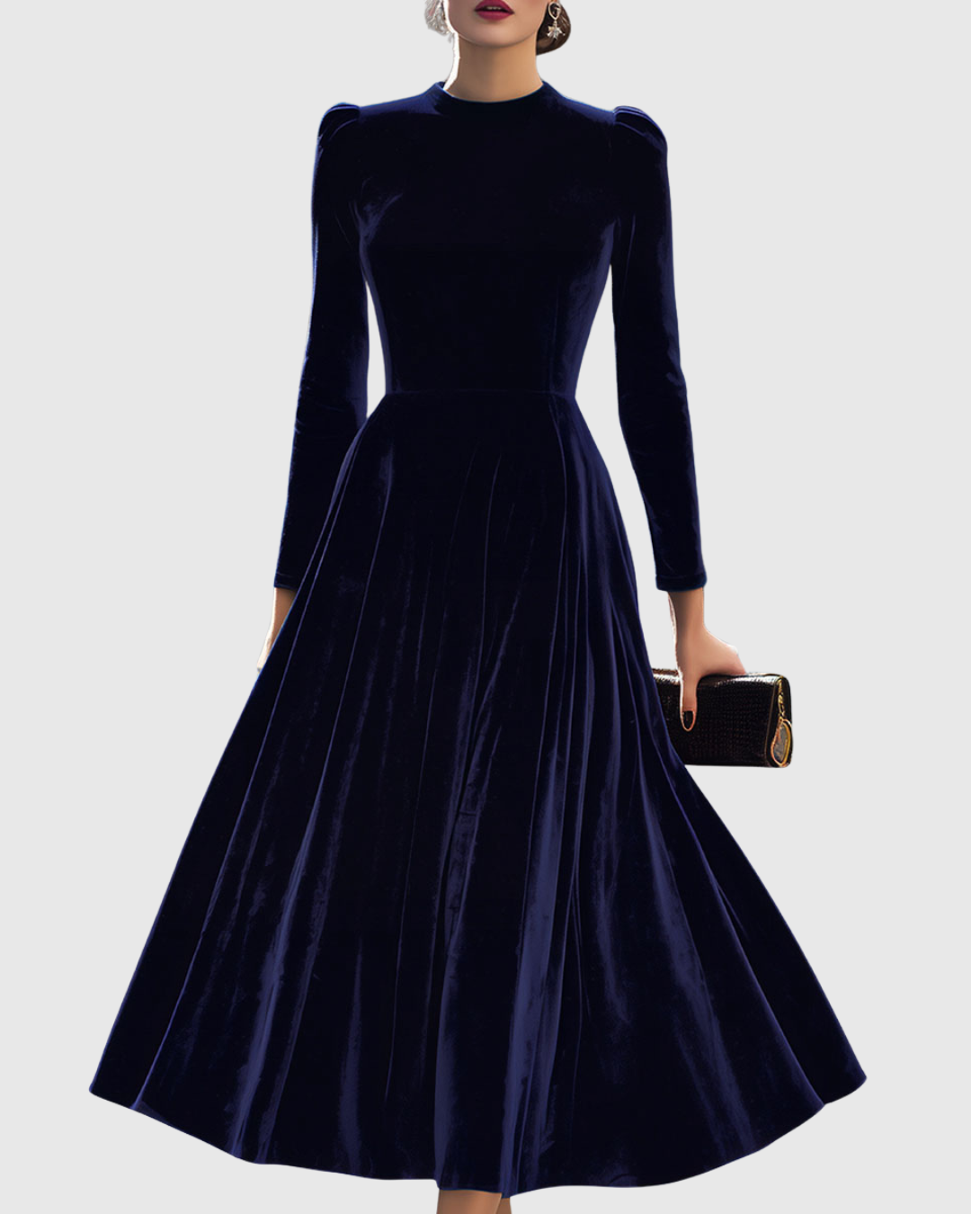 Navy long-sleeve midi dress with fitted bodice and flared pleated skirt