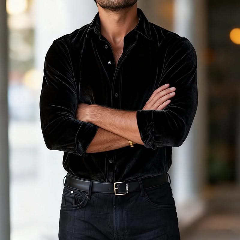 Black velvet button-up shirt with long sleeves and pointed collar.