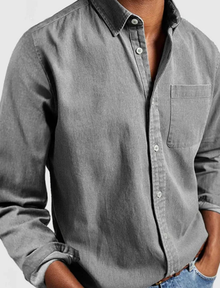 Light grey denim shirt with button front and chest pocket
