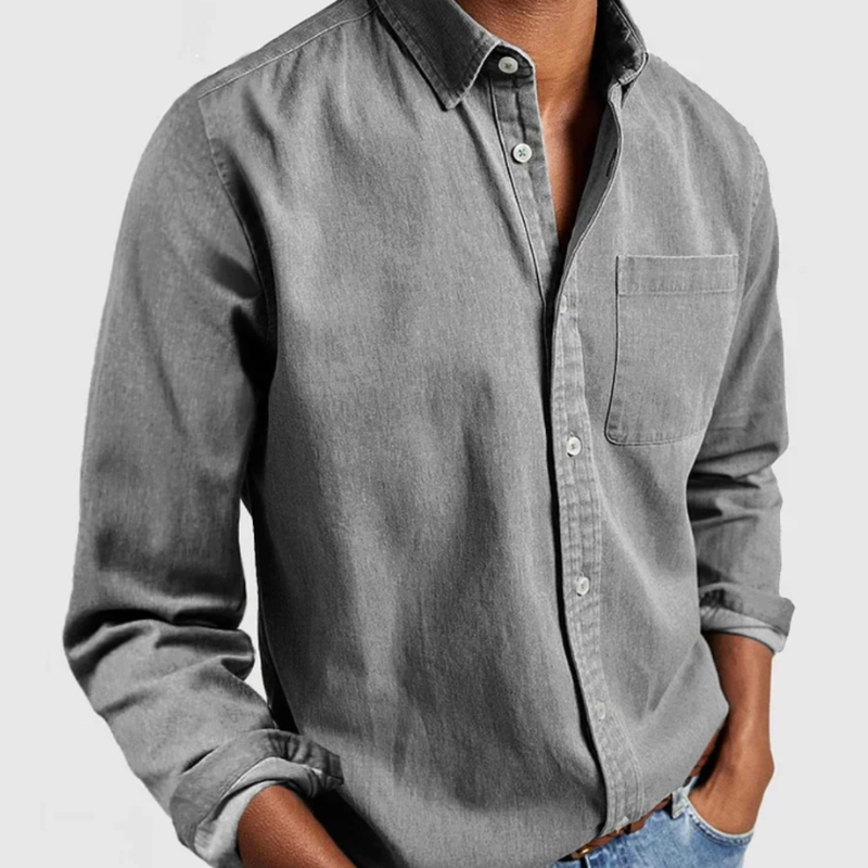 Light grey denim shirt with button front and chest pocket