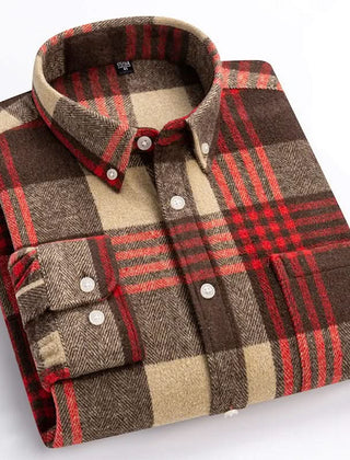 Red and black plaid cotton flannel shirt with button-down front and collar
