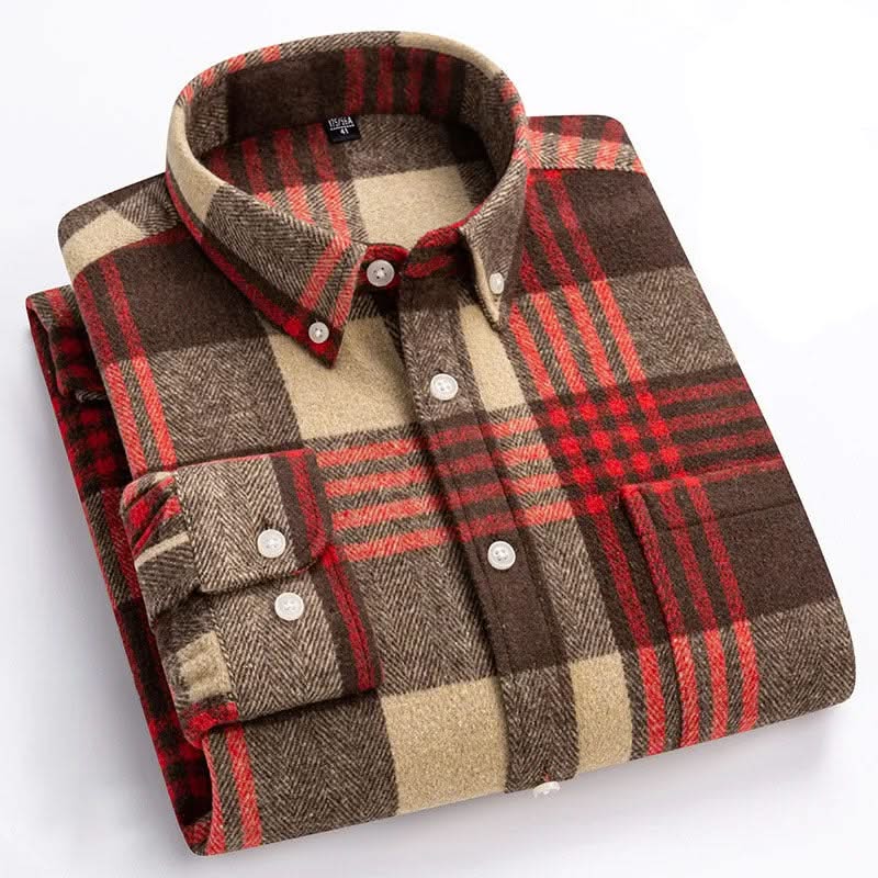 Red and black plaid cotton flannel shirt with button-down front and collar