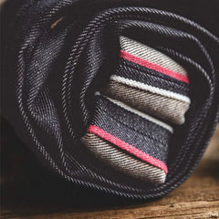 Denim jeans braided rope trim with red and white striped accents detail
