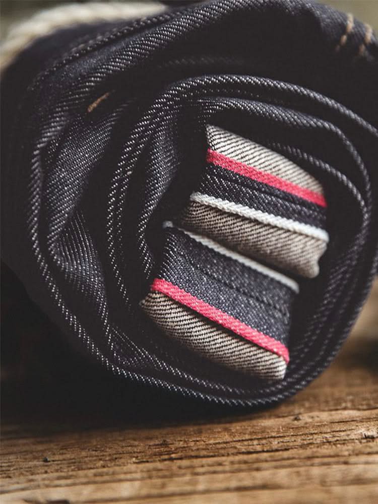 Denim jeans braided rope trim with red and white striped accents detail