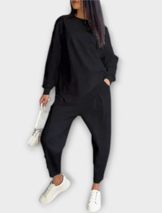 Black casual two-piece set with long-sleeve sweatshirt and jogger pants