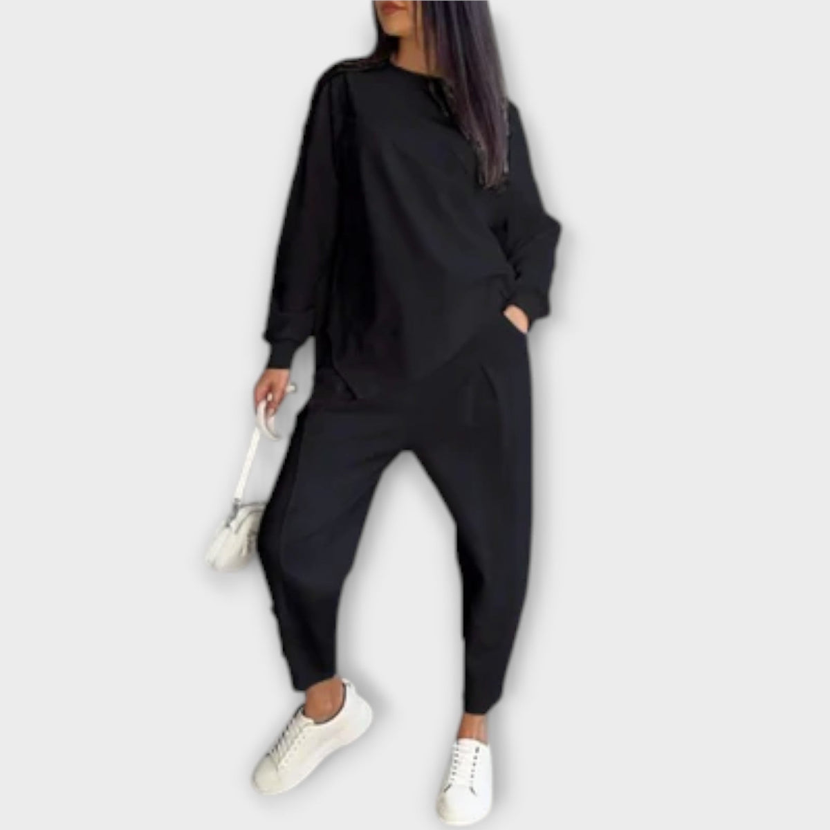 Black casual two-piece set with long-sleeve sweatshirt and jogger pants