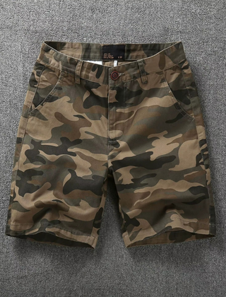 Desert camo tactical flex shorts with belt loops, button fly, and side pockets