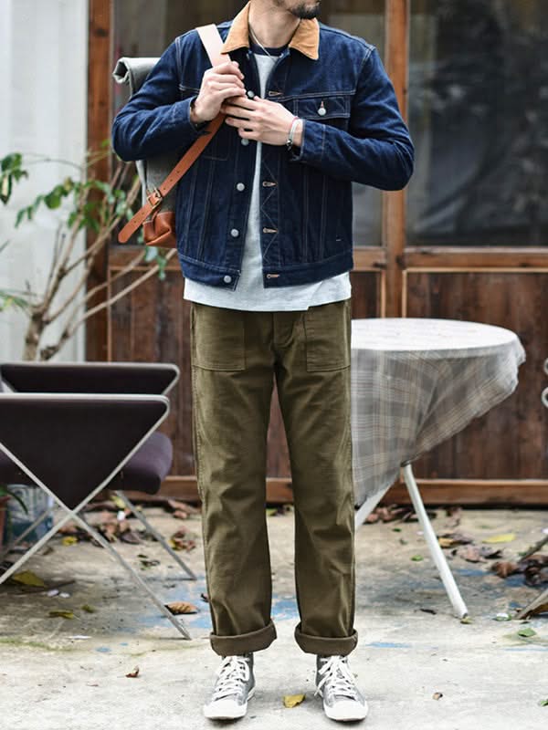 Olive straight fatigue pants with cargo-style side pockets and drawstring waist