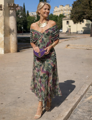 Multicolor floral off-shoulder maxi dress with twist neckline and tiered chiffon skirt