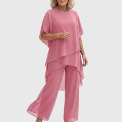 Elara elegant palazzo set in soft pink: loose draped blouse and wide-leg trousers