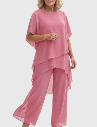 Elara elegant palazzo set in soft pink: loose draped blouse and wide-leg trousers