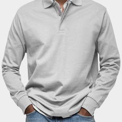 Men's long-sleeve polo shirt in light gray, button placket and ribbed cuffs