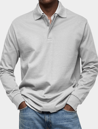 Men's long-sleeve polo shirt in light gray, button placket and ribbed cuffs