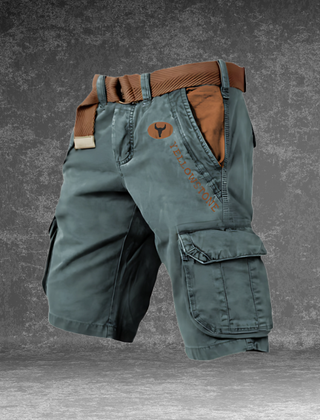 DUNMERE utility shorts in teal green with cargo side pockets and logo patch