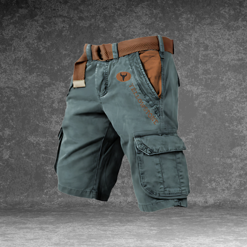 DUNMERE utility shorts in teal green with cargo side pockets and logo patch